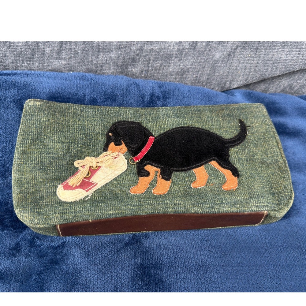 Dachshund Puppy Clutch Women Green Denim Cotton Whimsical Applique Retro